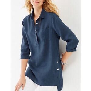 J Jill Love Linen Side Button Tunic Top Blue Women's SP